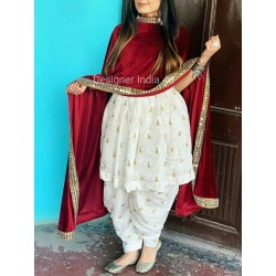Beautiful White Punjabi patiala Suit with Maroon Silk Dupatta
